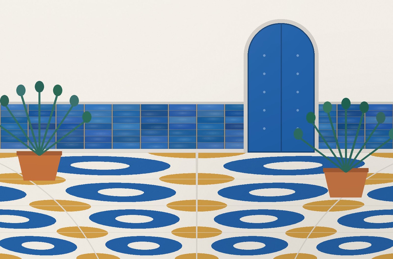 Patio tunisien avec porte bleue, zellige et sol en carreaux ciment